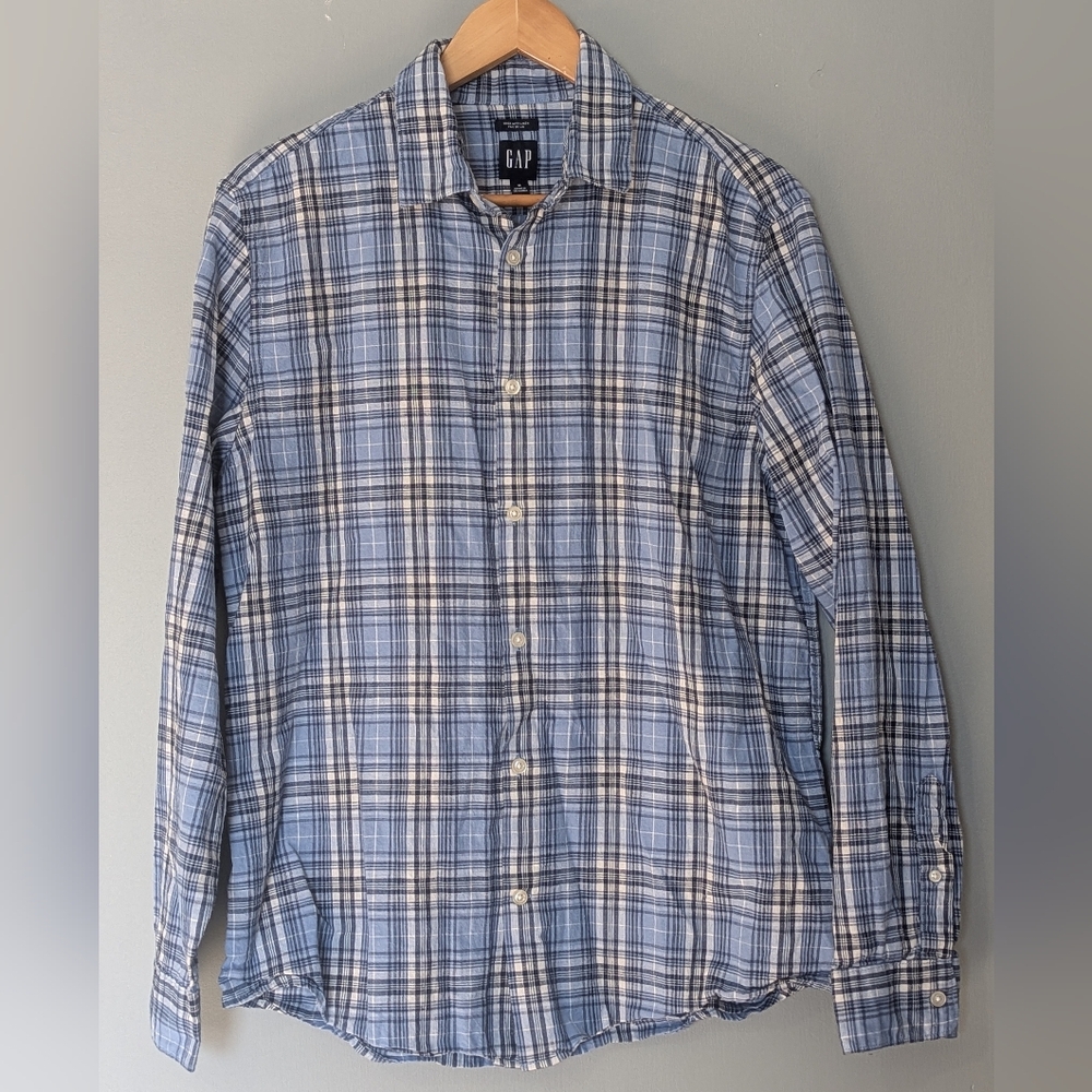 GAP Men's Linen‎ Blend Blue Plaid Button-Down Shirt Casual Long Sleeve